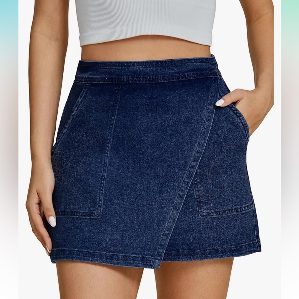 Jean Skirts High Waisted Stretchy Asymmetrical Faux Wrap with Pockets